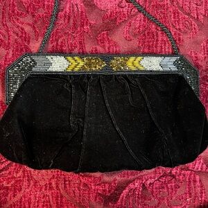 Black Velvet Beaded Evening Bag with Chain Strap